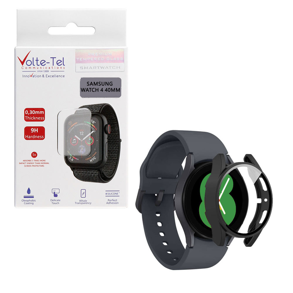 VOLTE-TEL TEMPERED GLASS SAMSUNG WATCH 4 40mm 1.2" 9H 0.30mm PC EDGE COVER WITH KEY 3D FULL GLUE FULL COVER BLACK
