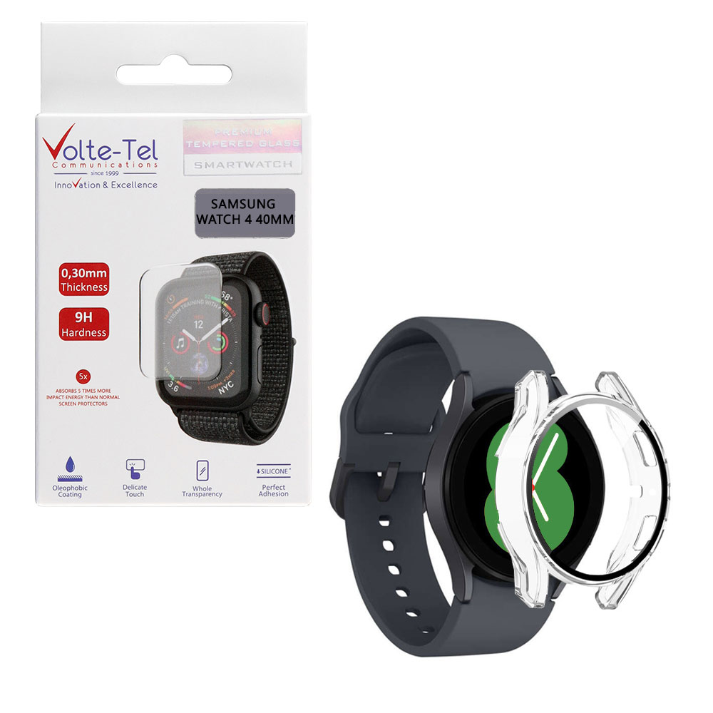 VOLTE-TEL TEMPERED GLASS SAMSUNG WATCH 4 40mm 1.2" 9H 0.30mm PC EDGE COVER WITH KEY 3D FULL GLUE FULL COVER TRANSPARENT