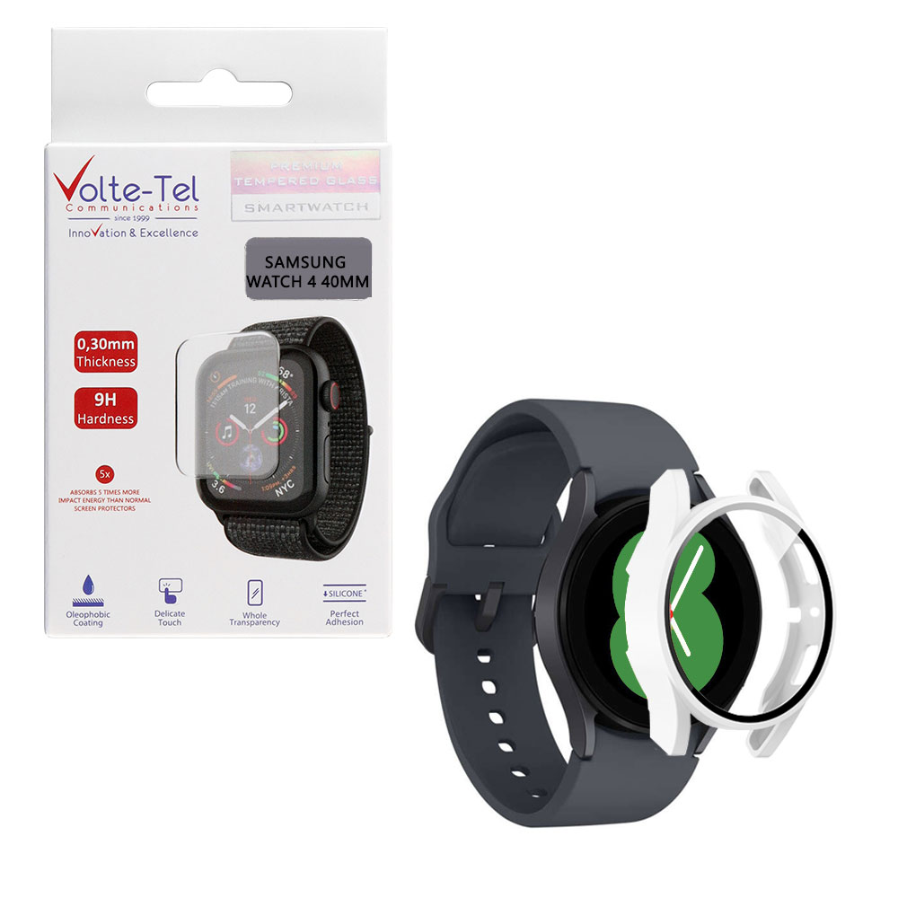 VOLTE-TEL TEMPERED GLASS SAMSUNG WATCH 4 40mm 1.2" 9H 0.30mm PC EDGE COVER WITH KEY 3D FULL GLUE FULL COVER WHITE