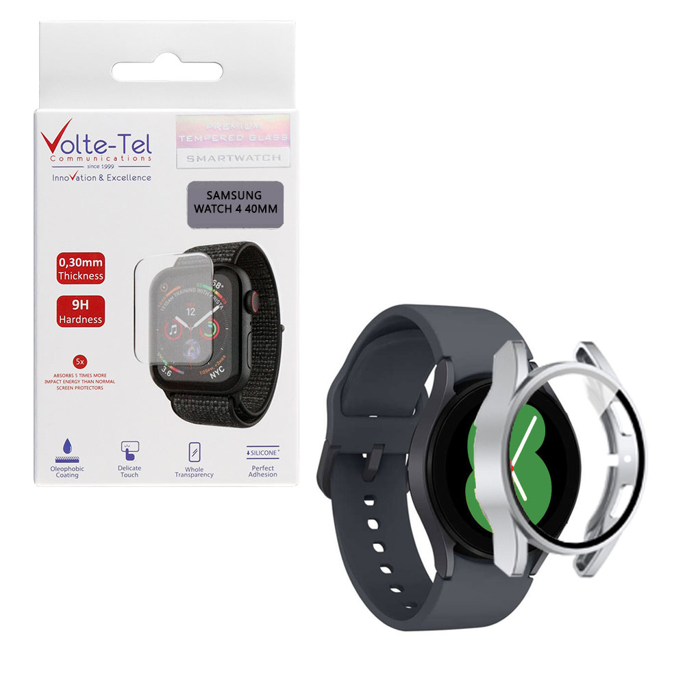 VOLTE-TEL TEMPERED GLASS SAMSUNG WATCH 4 40mm 1.2" 9H 0.30mm PC EDGE COVER WITH KEY 3D FULL GLUE FULL COVER SILVER