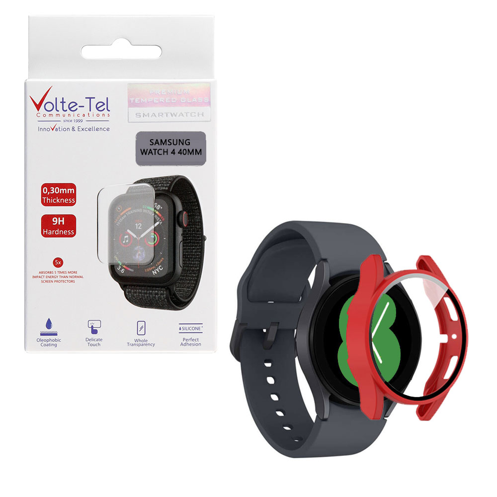 VOLTE-TEL TEMPERED GLASS SAMSUNG WATCH 4 40mm 1.2" 9H 0.30mm PC EDGE COVER WITH KEY 3D FULL GLUE FULL COVER RED