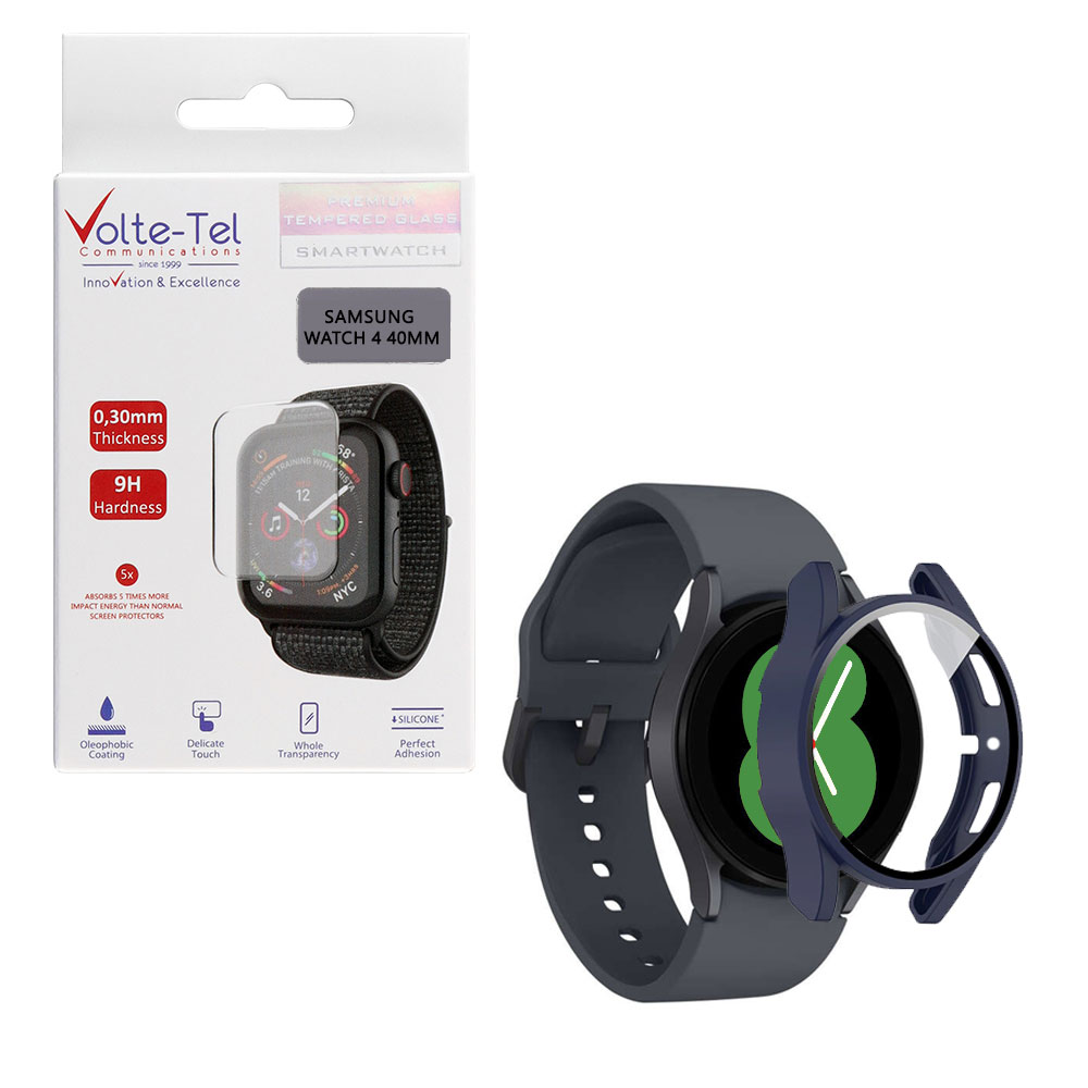 VOLTE-TEL TEMPERED GLASS SAMSUNG WATCH 4 40mm 1.2" 9H 0.30mm PC EDGE COVER WITH KEY 3D FULL GLUE FULL COVER BLUE