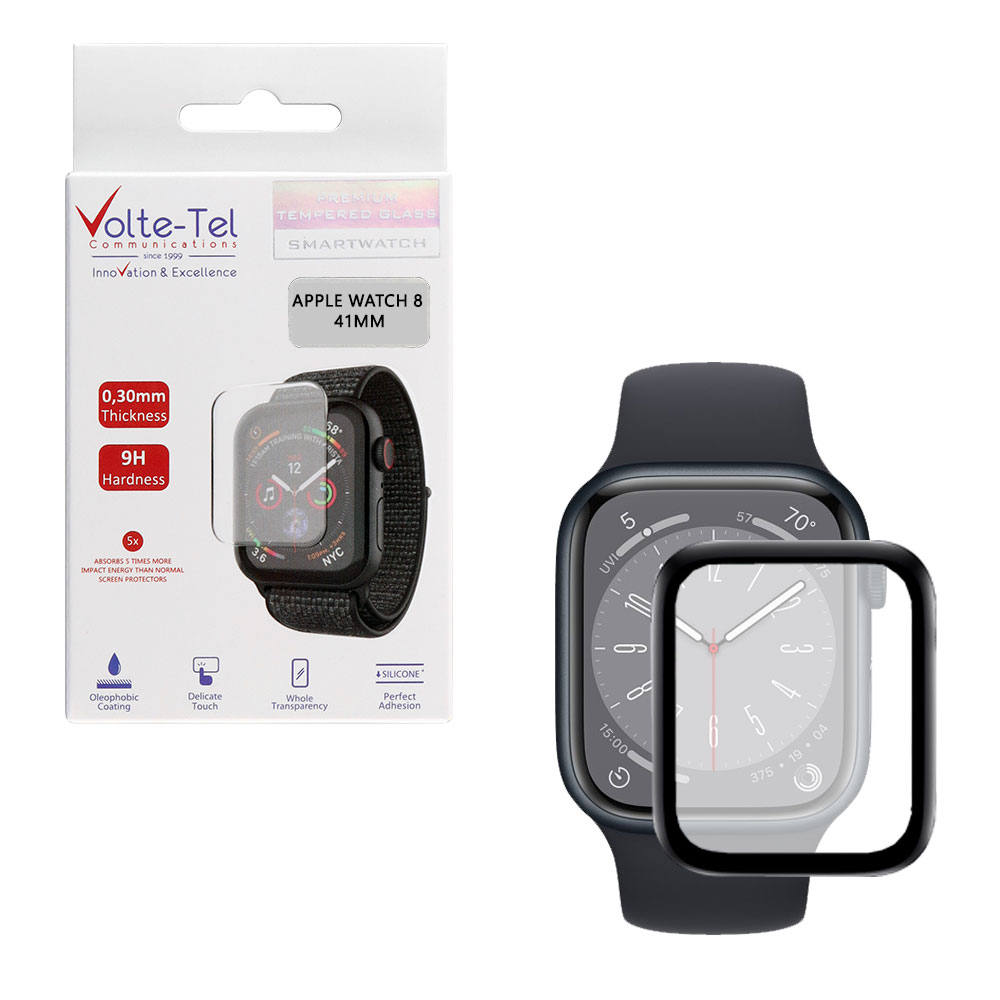 VOLTE-TEL TEMPERED GLASS APPLE WATCH 7/WATCH 8/WATCH 9 41mm 3D EDGE 1.69" 9H 0.30mm FULL GLUE FULL COVER BLACK