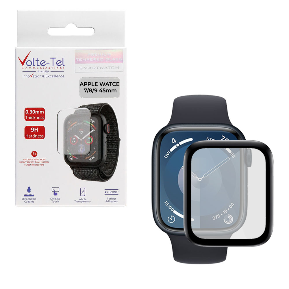 VOLTE-TEL TEMPERED GLASS APPLE WATCH 7/WATCH 8/WATCH 9 45mm 3D EDGE 1.9" 9H 0.30mm FULL GLUE FULL COVER BLACK
