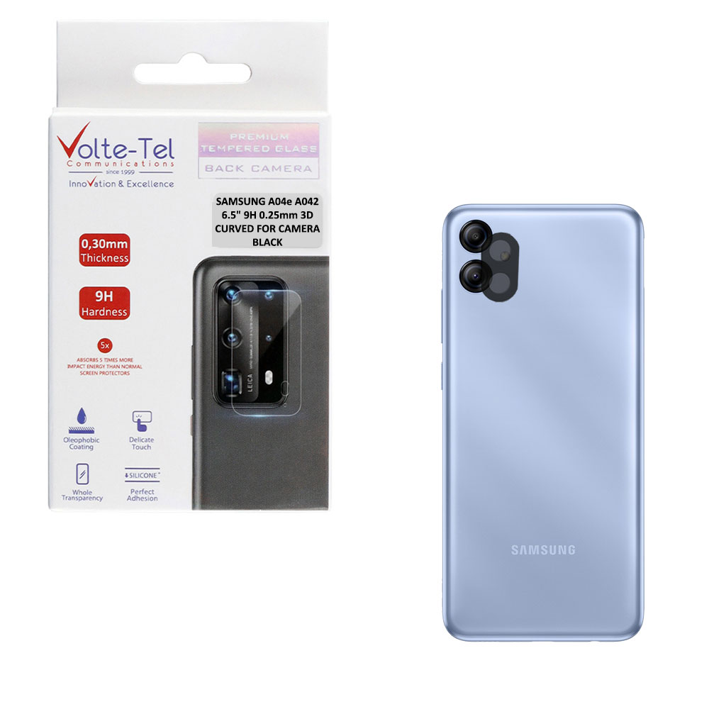 VOLTE-TEL TEMPERED GLASS SAMSUNG A04e A042 6.5" 9H 0.25mm 3D CURVED FOR CAMERA BLACK