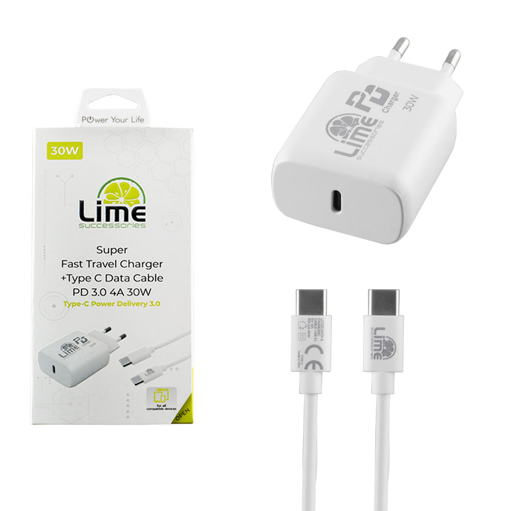 LIME TYPE C PD 3.0 SUPER FAST TRAVEL LTC30W 30W 4.0A + ΦΟΡΤΙΣΗΣ-DATA LCC03 TYPE C TO TYPE C 35W WHITE