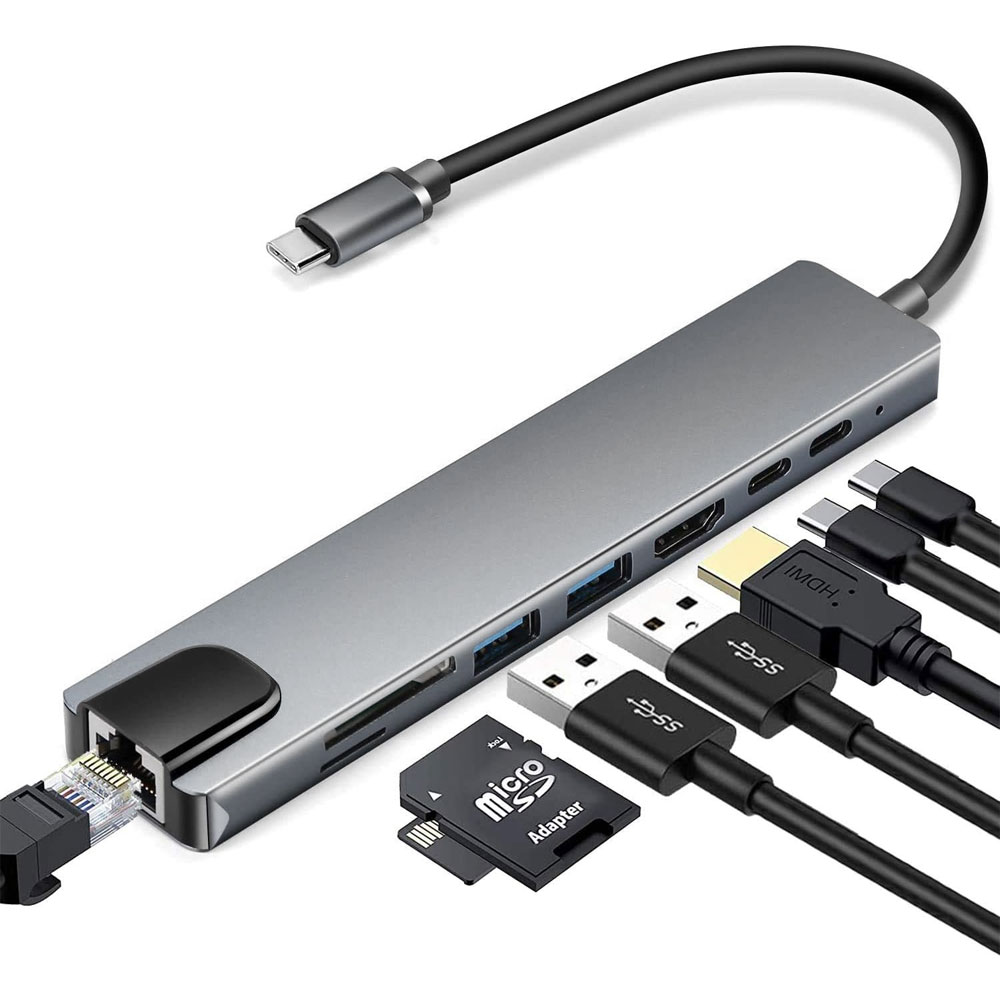 NSP N14 8 IN 1 USB-C HUB TYPE C TO HDMI 4K 30HZ/2 USB 480Mbps/PD 87W/USB C/F / SD/TF USB 2.0 /RJ45 100Mbps ALU GREY