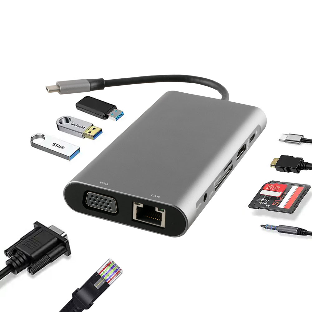 NSP N17 10 IN 1 USB-C HUB TYPE C TO VGA WITH AUDIO/RJ45 1000Mbps/PD 60W/SDXC/SD 3.0/USB 3.0 X3/ HDMI 4K ALU GREY