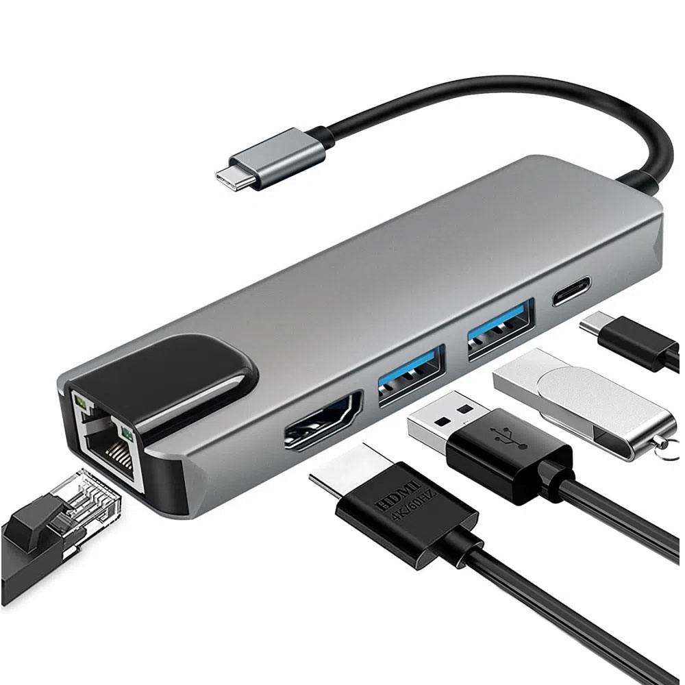 NSP N18 5 IN 1 USB-C HUB TYPE C TO USB 3.0/RJ45 1000Mbps/PD 60W/USB 3.0 X2/ HDMI 4K ALU GREY