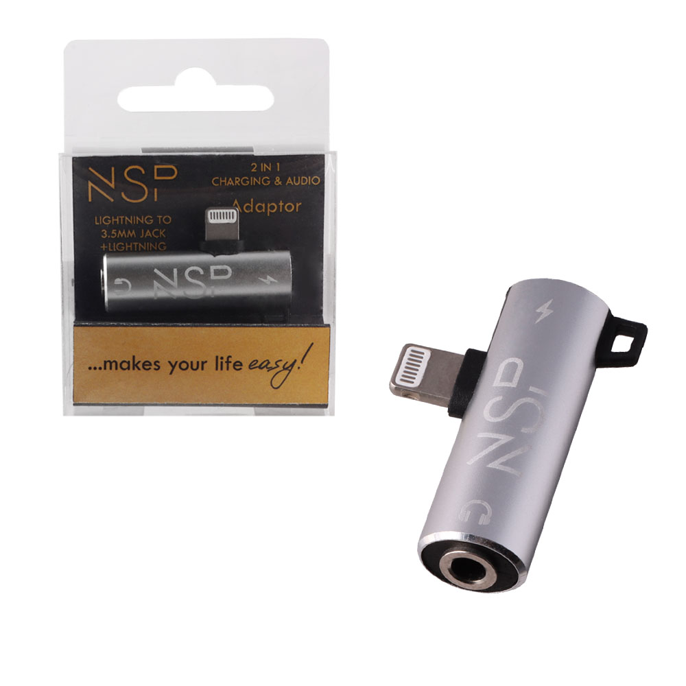 NSP ADAPTOR 2 IN 1 CHARGING AND AUDIO ADAPTER LIGHTNING TO 3.5MM JACK+LIGHTNING SILVER