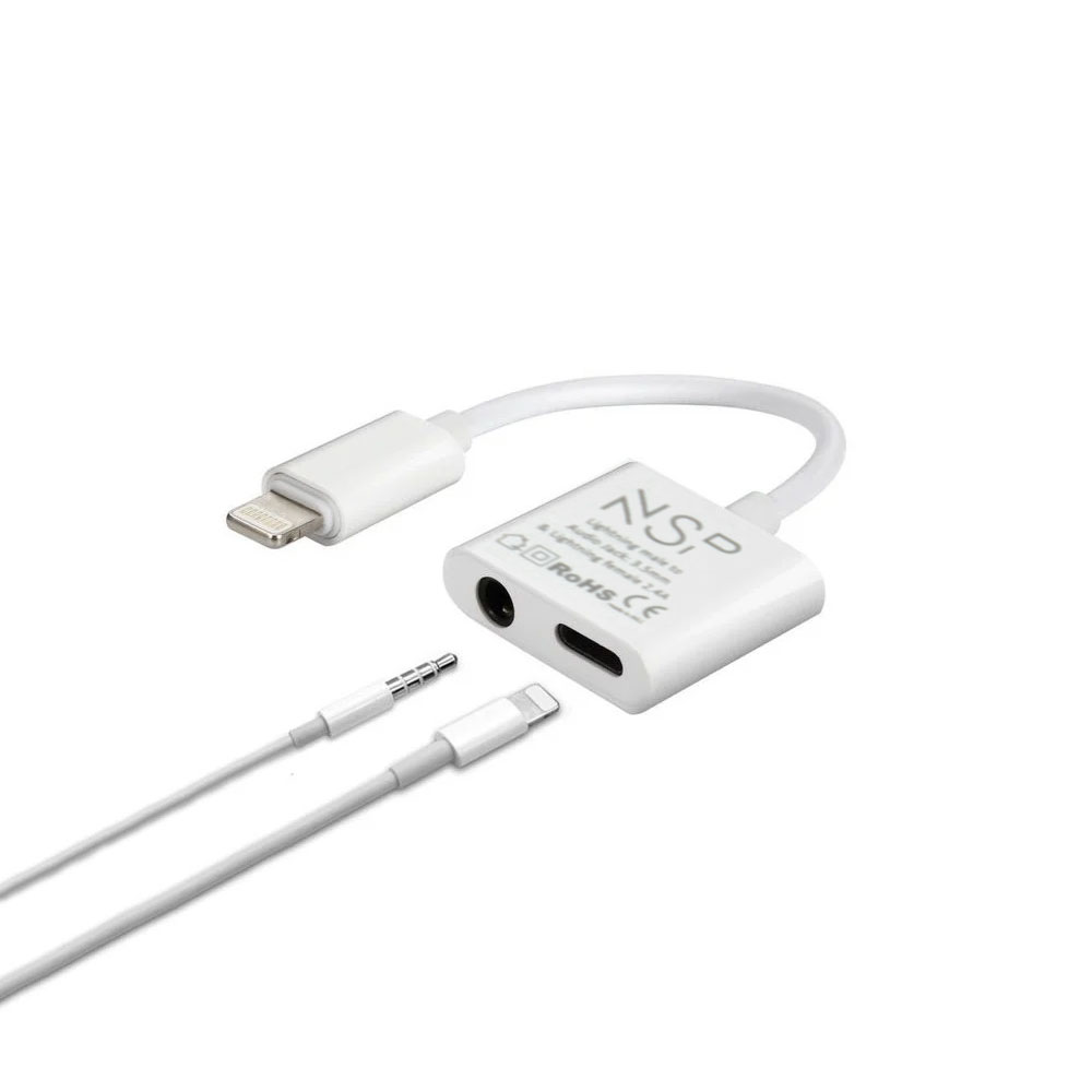 NSP ADAPTOR CABLE 2 IN 1 CHARGING AND AUDIO ADAPTER LIGHTNING TO 3.5MM JACK+LIGHTNING 2.4A WHITE