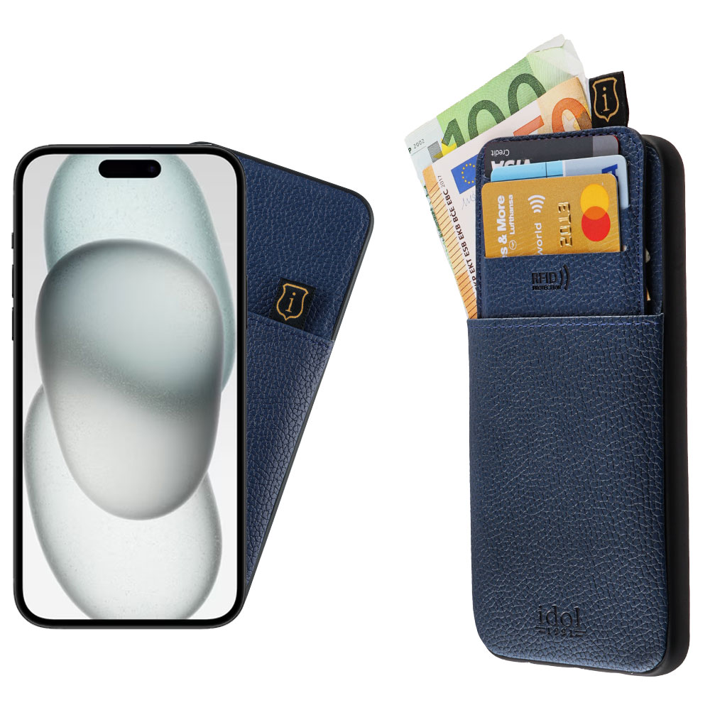 IDOL 1991 ΘΗΚΗ IPHONE 15 PLUS 6.7" ANTI-RFID LEATHER SMART WALLET CAMERA GUARD BLUE