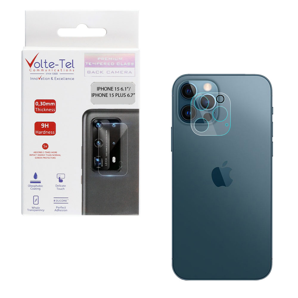 VOLTE-TEL TEMPERED GLASS IPHONE 15 6.1"/15 PLUS 6.7" 9H 0.25mm 3D CURVED FOR CAMERA TRANSPARENT