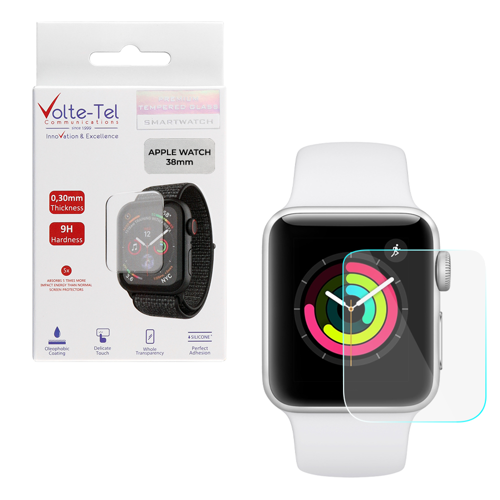 VOLTE-TEL TEMPERED GLASS APPLE WATCH 38mm 1.5"/40mm 1.57" 9H 0.30mm 2.5D FULL GLUE FULL COVER SMALL (2x2.6mm)