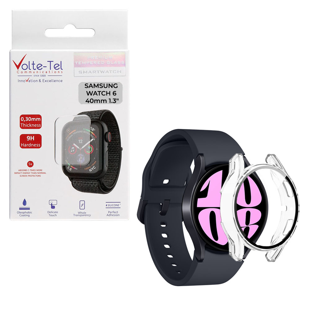 VOLTE-TEL TEMPERED GLASS SAMSUNG WATCH 6 40mm 1.3" 9H 0.30mm PC EDGE COVER WITH KEY 3D FULL GLUE FULL COVER TRANSPARENT