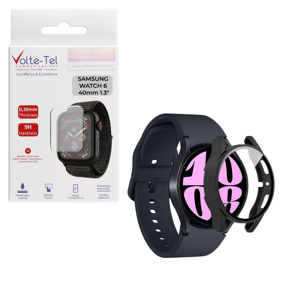 VOLTE-TEL TEMPERED GLASS SAMSUNG WATCH 6 40mm 1.3" 9H 0.30mm PC EDGE COVER WITH KEY 3D FULL GLUE FULL COVER BLACK