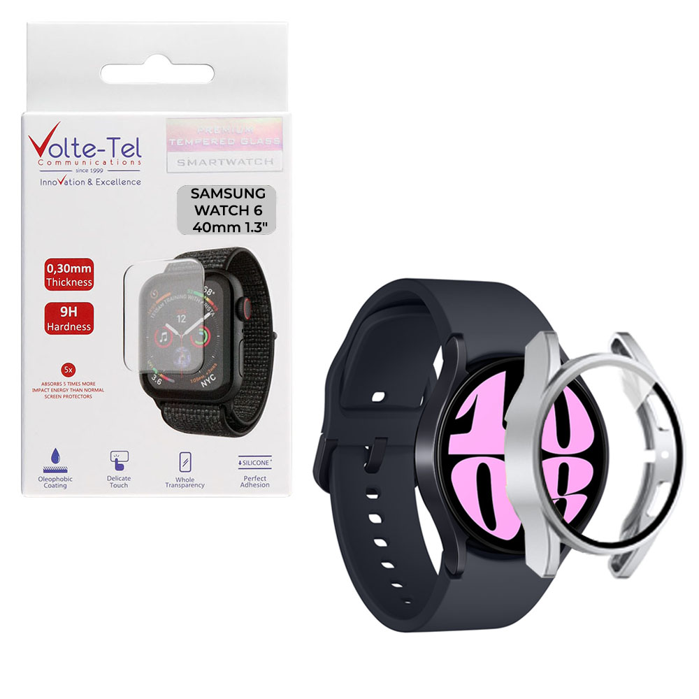 VOLTE-TEL TEMPERED GLASS SAMSUNG WATCH 6 40mm 1.3" 9H 0.30mm PC EDGE COVER WITH KEY 3D FULL GLUE FULL COVER SILVER