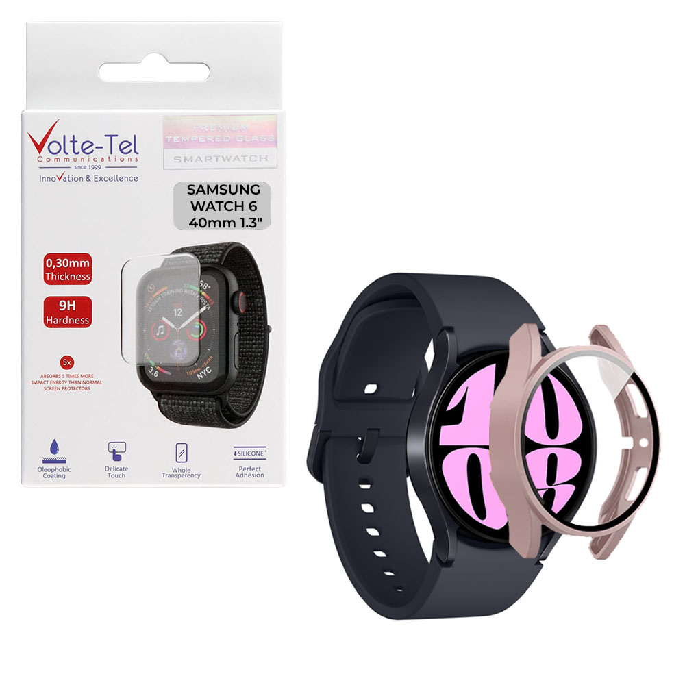 VOLTE-TEL TEMPERED GLASS SAMSUNG WATCH 6 40mm 1.3" 9H 0.30mm PC EDGE COVER WITH KEY 3D FULL GLUE FULL COVER ROSE GOLD