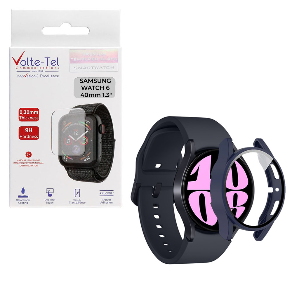 VOLTE-TEL TEMPERED GLASS SAMSUNG WATCH 6 40mm 1.3" 9H 0.30mm PC EDGE COVER WITH KEY 3D FULL GLUE FULL COVER BLUE