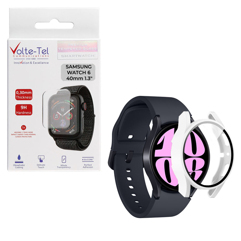 VOLTE-TEL TEMPERED GLASS SAMSUNG WATCH 6 40mm 1.3" 9H 0.30mm PC EDGE COVER WITH KEY 3D FULL GLUE FULL COVER WHITE