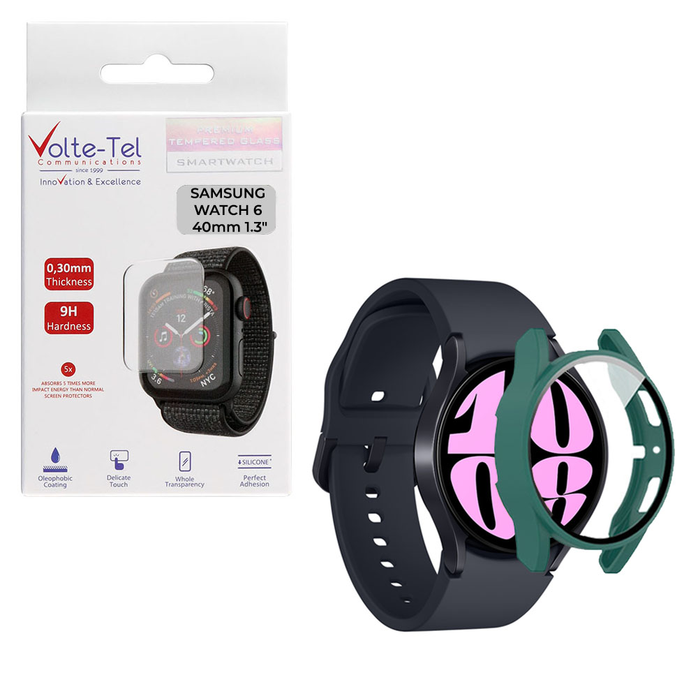 VOLTE-TEL TEMPERED GLASS SAMSUNG WATCH 6 40mm 1.3" 9H 0.30mm PC EDGE COVER WITH KEY 3D FULL GLUE FULL COVER GREEN