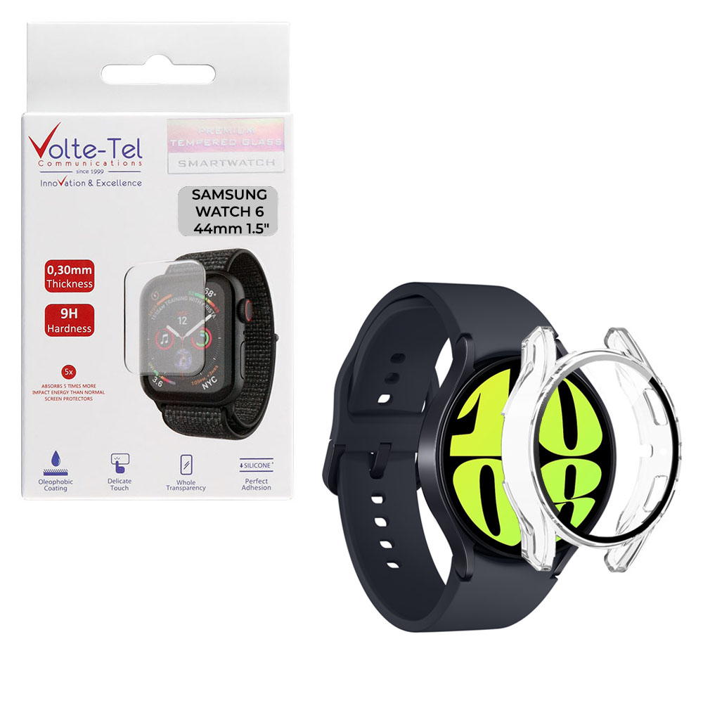 VOLTE-TEL TEMPERED GLASS SAMSUNG WATCH 6 44mm 1.5" 9H 0.30mm PC EDGE COVER WITH KEY 3D FULL GLUE FULL COVER TRANSPARENT