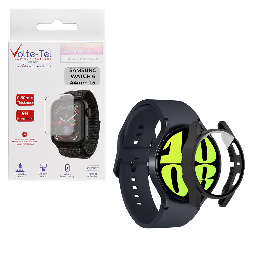 VOLTE-TEL TEMPERED GLASS SAMSUNG WATCH 6 44mm 1.5" 9H 0.30mm PC EDGE COVER WITH KEY 3D FULL GLUE FULL COVER BLACK