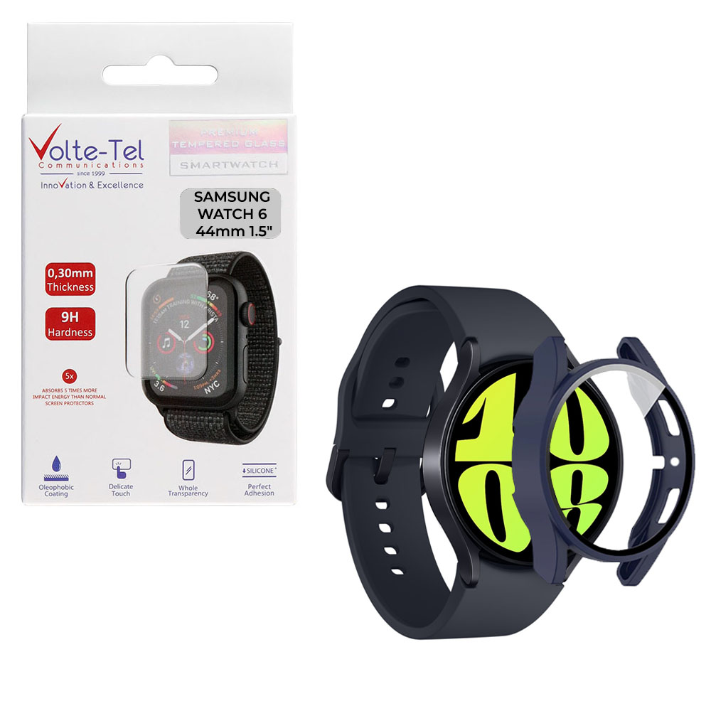 VOLTE-TEL TEMPERED GLASS SAMSUNG WATCH 6 44mm 1.5" 9H 0.30mm PC EDGE COVER WITH KEY 3D FULL GLUE FULL COVER BLUE