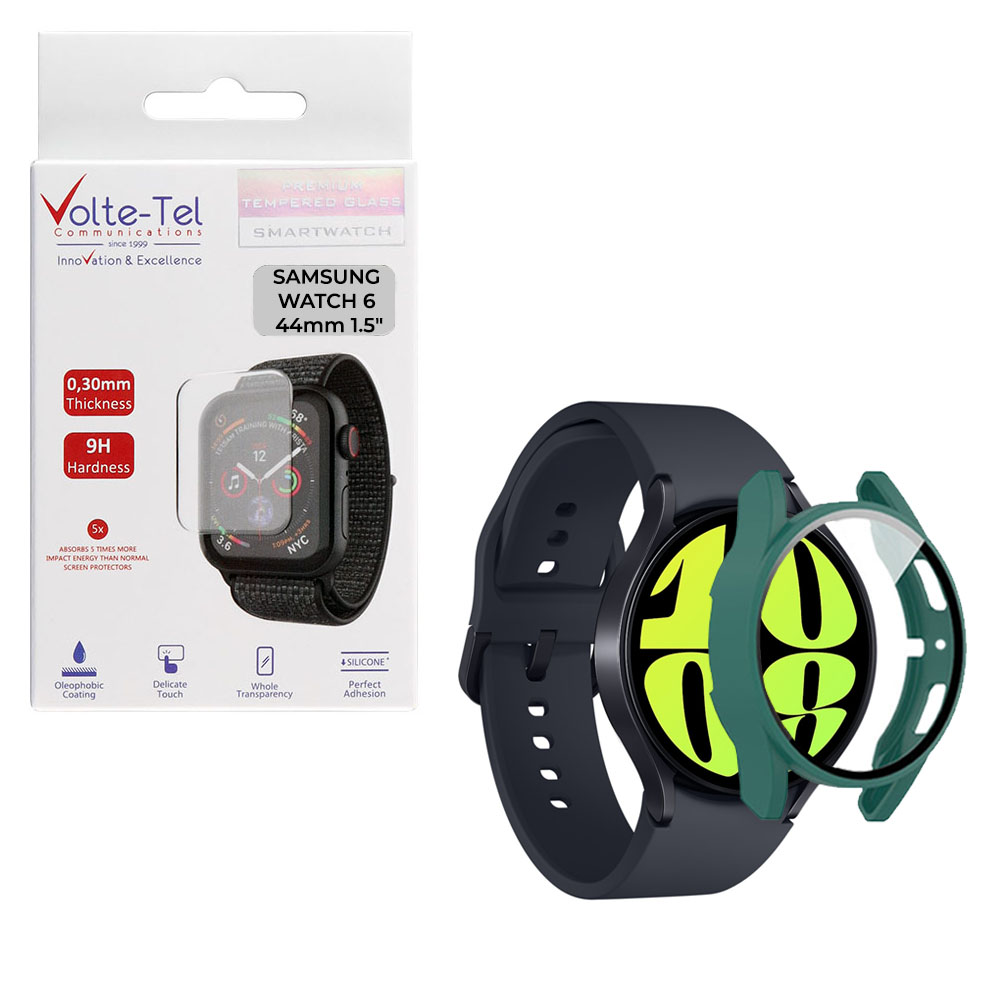 VOLTE-TEL TEMPERED GLASS SAMSUNG WATCH 6 44mm 1.5" 9H 0.30mm PC EDGE COVER WITH KEY 3D FULL GLUE FULL COVER GREEN