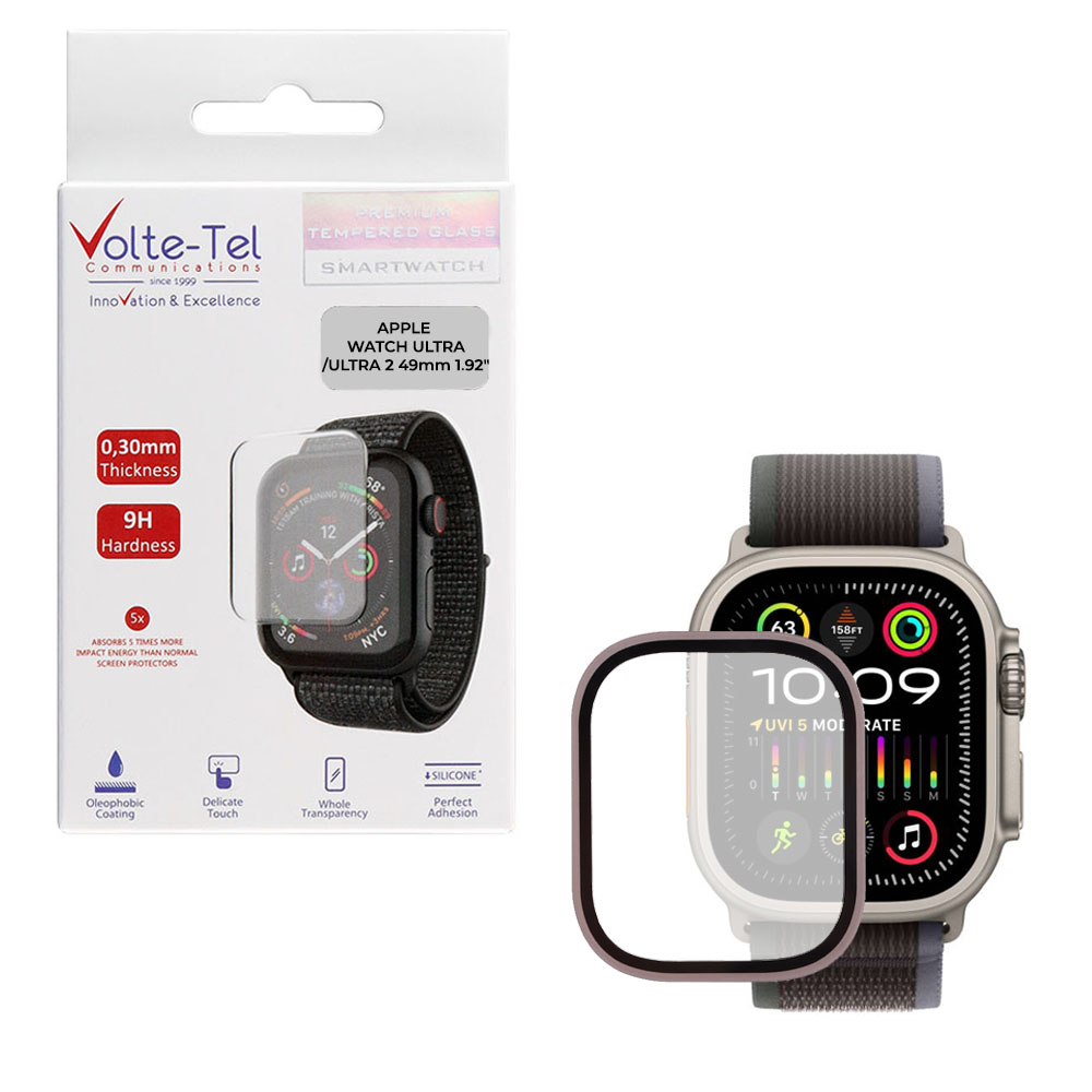 VOLTE-TEL TEMPERED GLASS APPLE WATCH ULTRA/ULTRA 2 49mm 1.92" 9H 0.30mm TWO COLOR FULL GLUE FULL COVER SILVER-BLACK