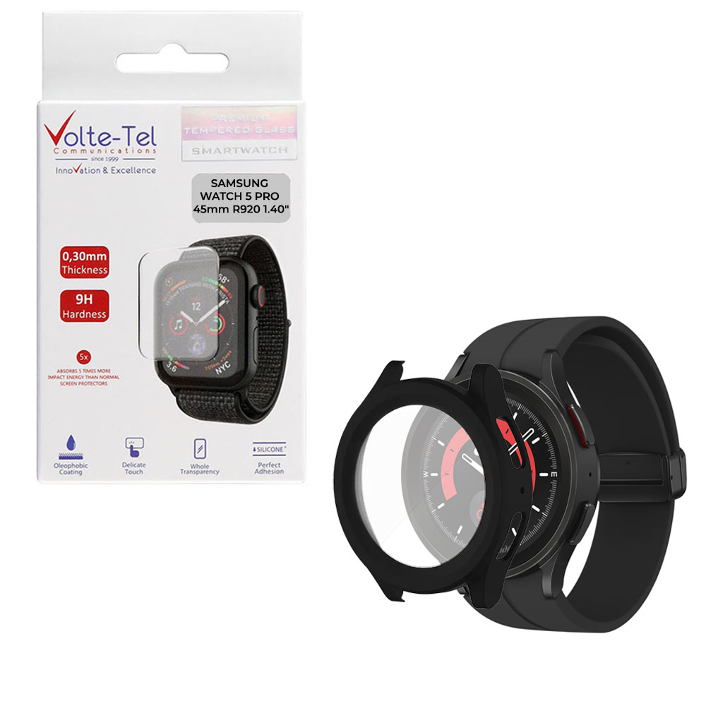 VOLTE-TEL TEMPERED GLASS SAMSUNG WATCH 5 PRO R920 45mm 1.4" 9H 0.30mm PC EDGE COVER WITH KEY 3D FULL GLUE FULL COVER BLACK