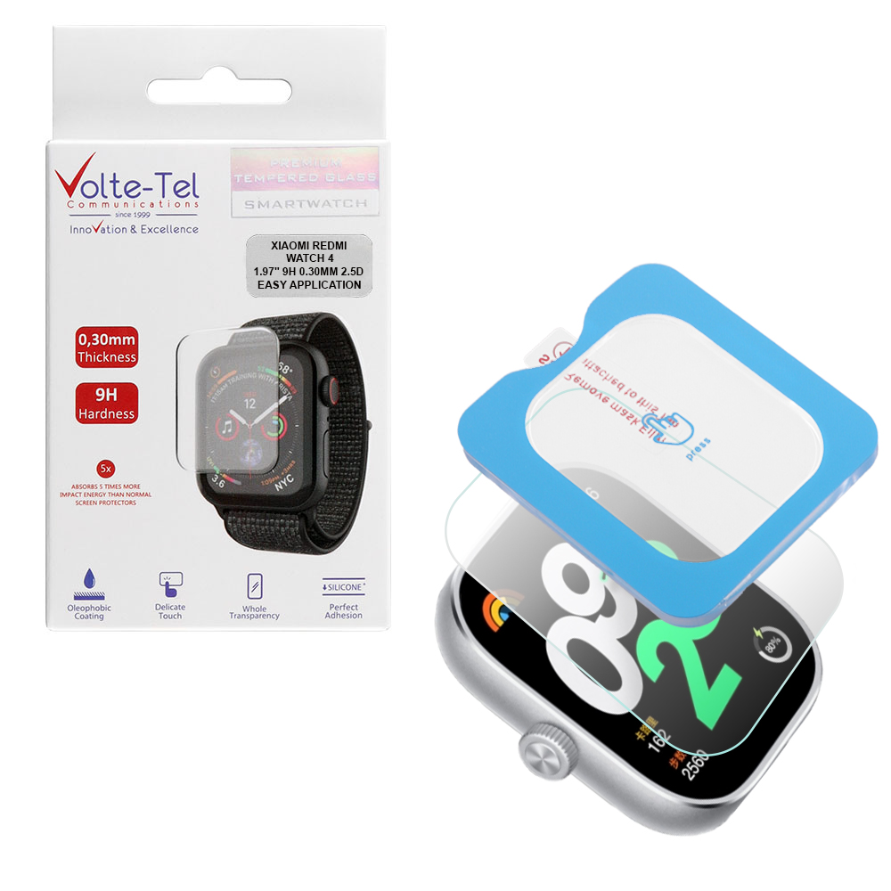 VOLTE-TEL TEMPERED GLASS XIAOMI REDMI WATCH 4 1.97" 9H 0.30mm 2.5D EASY APPLICATION FULL GLUE FULL COVER TRANSPARENT