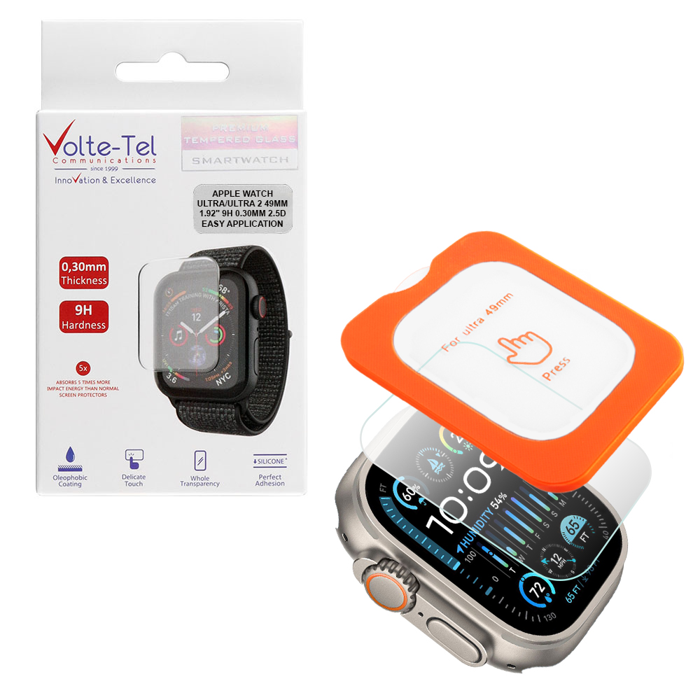 VOLTE-TEL TEMPERED GLASS APPLE WATCH ULTRA/ULTRA 2 49mm 1.92" 9H 0.30mm 2.5D EASY APPLICATION FULL GLUE FULL COVER TRANSPARENT