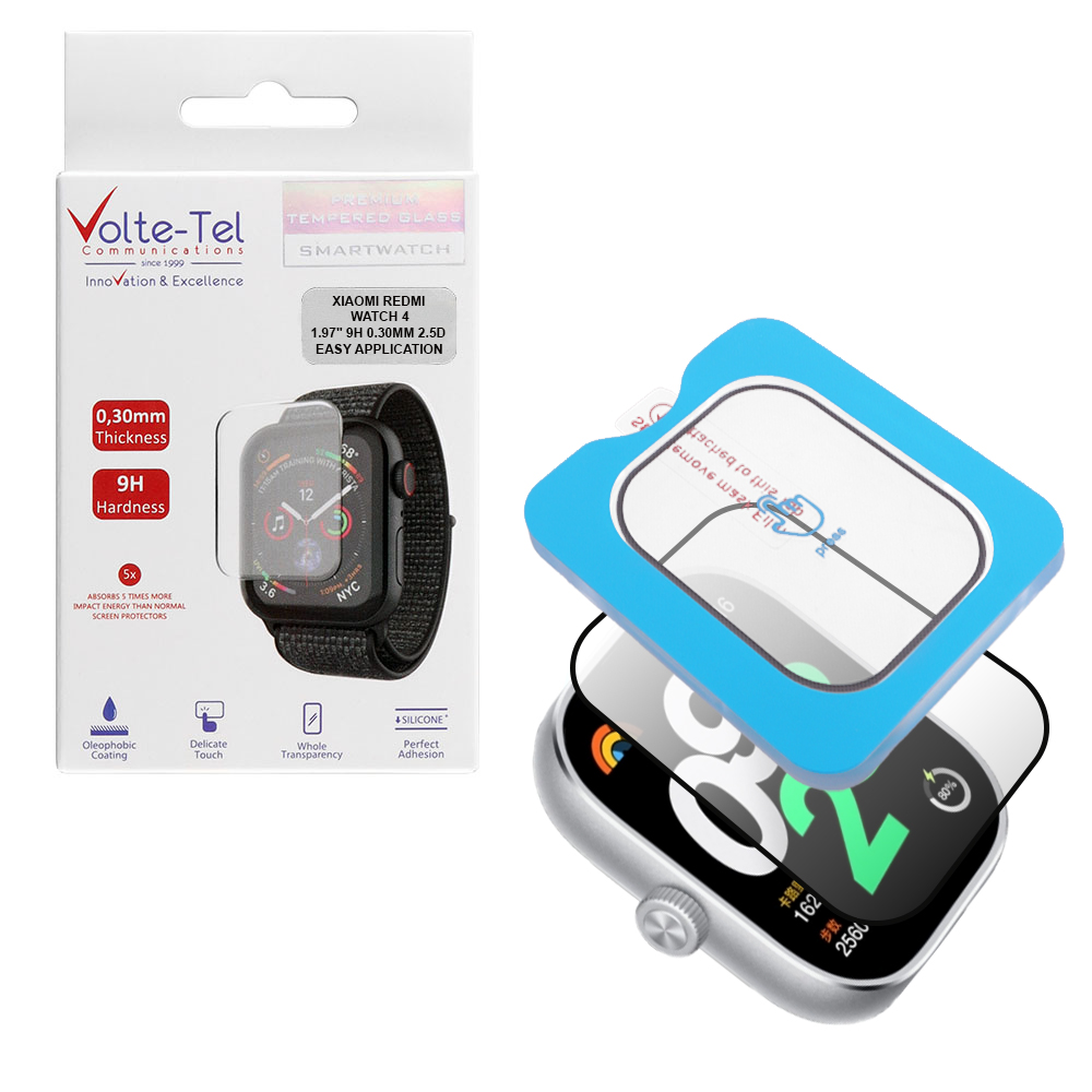 VOLTE-TEL TEMPERED GLASS XIAOMI REDMI WATCH 4 1.97" 9H 0.30mm 2.5D EASY APPLICATION FULL GLUE FULL COVER BLACK