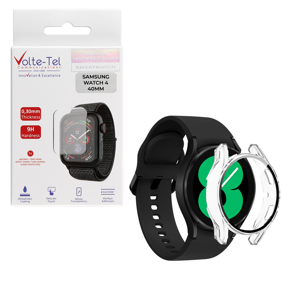 VOLTE-TEL TEMPERED GLASS SAMSUNG WATCH 4 40mm 1.2" 9H 0.30mm 2.5D EASY APPLICATION FULL GLUE FULL COVER TRANSPARENT