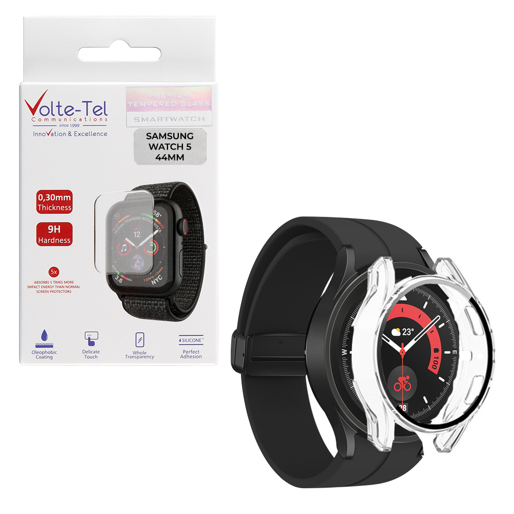 VOLTE-TEL TEMPERED GLASS SAMSUNG WATCH 5 44MM 1.4" 9H 0.30mm 2.5D EASY APPLICATION FULL GLUE FULL COVER TRANSPARENT