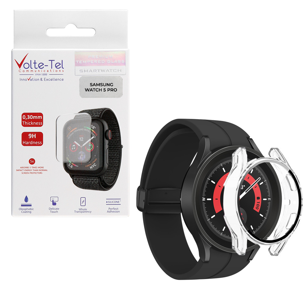 VOLTE-TEL TEMPERED GLASS SAMSUNG WATCH 5 PRO 45mm 1.4" 9H 0.30mm 2.5D EASY APPLICATION FULL GLUE FULL COVER TRANSPARENT