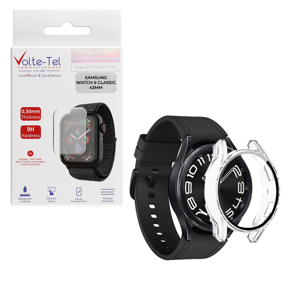 VOLTE-TEL TEMPERED GLASS SAMSUNG WATCH 6 CLASSIC 43MM 1.3" 9H 0.30mm 2.5D EASY APPLICATION FULL GLUE FULL COVER TRANSPARENT