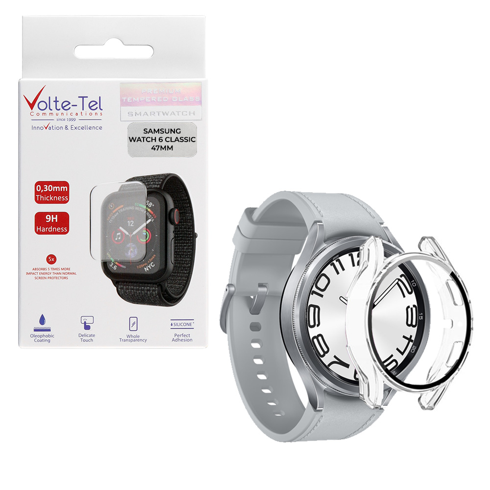 VOLTE-TEL TEMPERED GLASS SAMSUNG WATCH 6 CLASSIC 47MM 1.5" 9H 0.30mm 2.5D EASY APPLICATION FULL GLUE FULL COVER TRANSPARENT