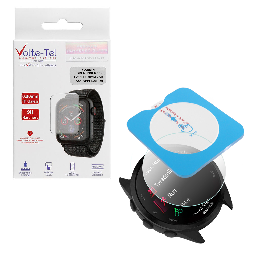 VOLTE-TEL TEMPERED GLASS GARMIN FORERUNNER 165 WATCH 1.2" 9H 0.30mm 2.5D EASY APPLICATION FULL GLUE FULL COVER TRANSPARENT