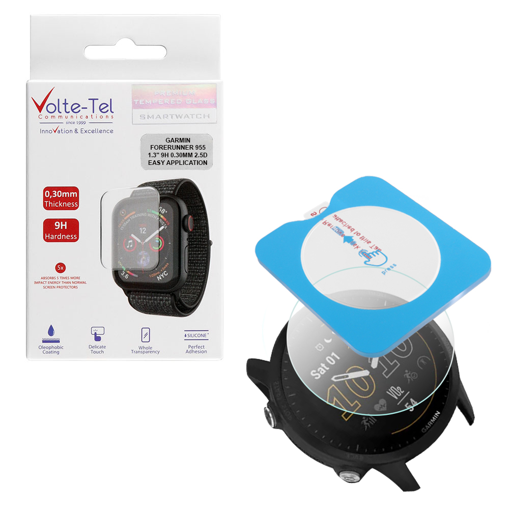 VOLTE-TEL TEMPERED GLASS GARMIN FORERUNNER 955 WATCH 1.3" 9H 0.30mm 2.5D EASY APPLICATION FULL GLUE FULL COVER TRANSPARENT