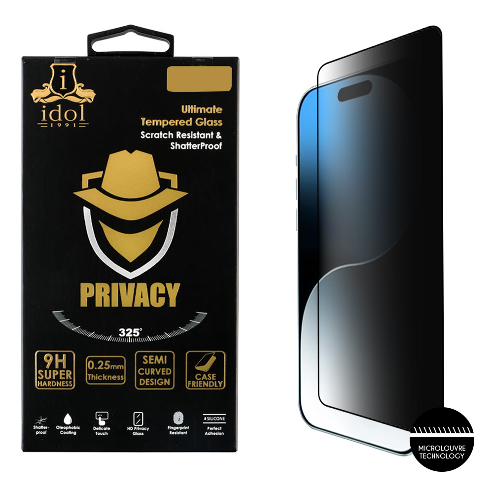 IDOL 1991 TEMPERED GLASS IPHONE 16 6.1" 9H 0.25mm PRIVACY ANTISPY SEMI CURVED FULL GLUE BLACK