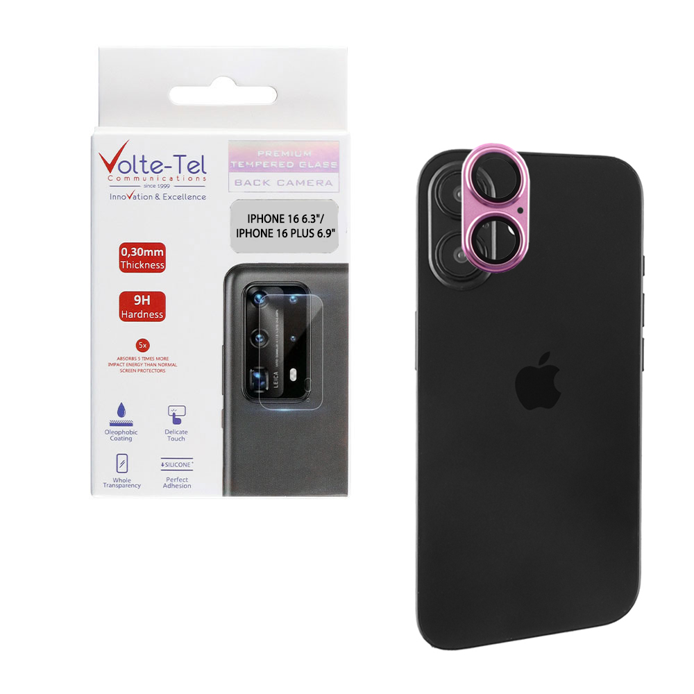 VOLTE-TEL CAMERA GLASS COVER IPHONE 16 6.1"/IPHONE 16 PLUS 6.7" 9H 0.30MM 3D AR ALUMINIUM-ELECTROPLATING FRAME PINK