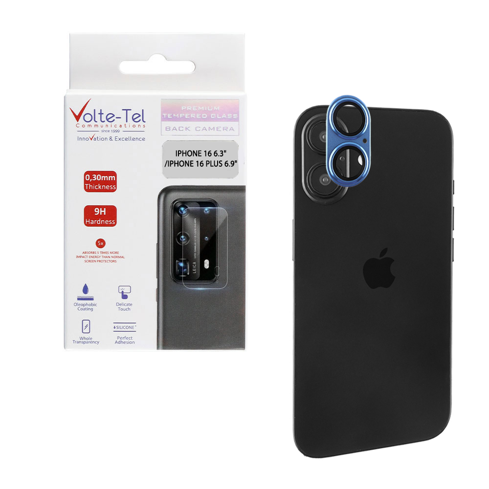 VOLTE-TEL CAMERA GLASS COVER IPHONE 16 6.1"/IPHONE 16 PLUS 6.7" 9H 0.30MM 3D AR ALUMINIUM-ELECTROPLATING FRAME BLUE