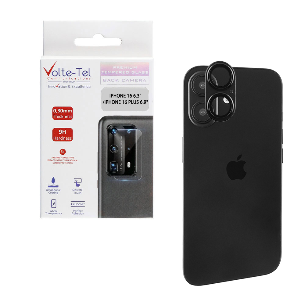 VOLTE-TEL CAMERA GLASS COVER IPHONE 16 6.1"/IPHONE 16 PLUS 6.7" 9H 0.30MM 3D AR ALUMINIUM-ELECTROPLATING FRAME BLACK