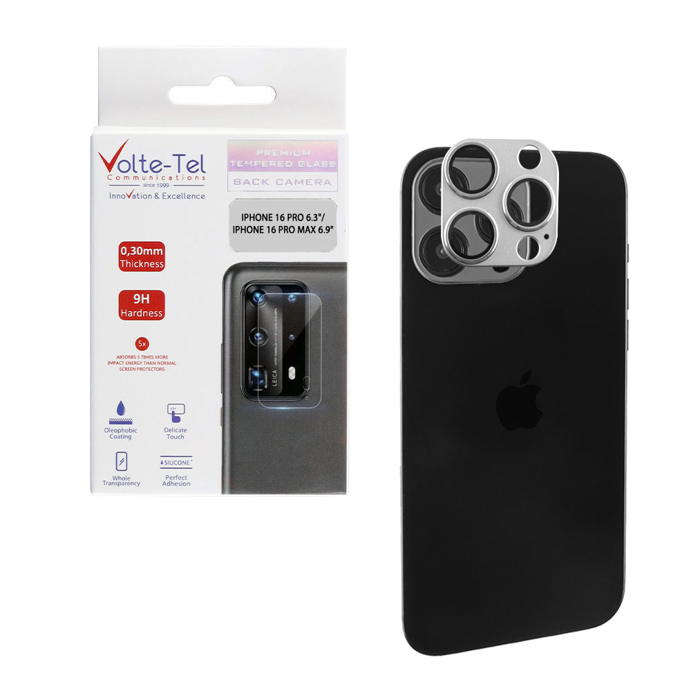 VOLTE-TEL CAMERA GLASS COVER IPHONE 16 PRO 6.3"/IPHONE 16 PRO MAX 6.9" 9H 0.30MM 3D AR ALUMINIUM-ELECTROPLATING FRAME GREY