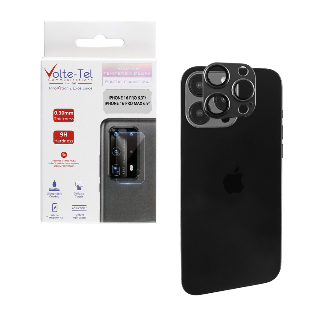 VOLTE-TEL CAMERA GLASS COVER IPHONE 16 PRO 6.3"/IPHONE 16 PRO MAX 6.9" 9H 0.30MM 3D AR ALUMINIUM-ELECTROPLATING FRAME BLACK