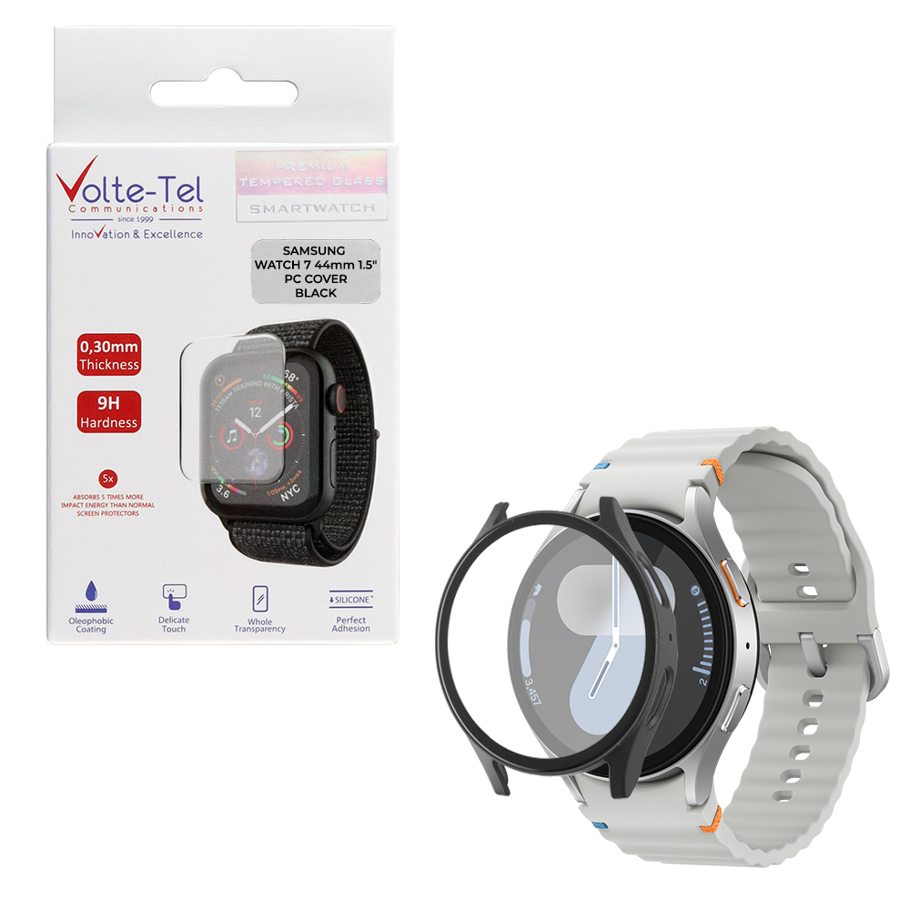 VOLTE-TEL TEMPERED GLASS SAMSUNG WATCH 7 44mm 1.5" 9H 0.30mm PC EDGE COVER WITH KEY 3D FULL GLUE FULL COVER BLACK