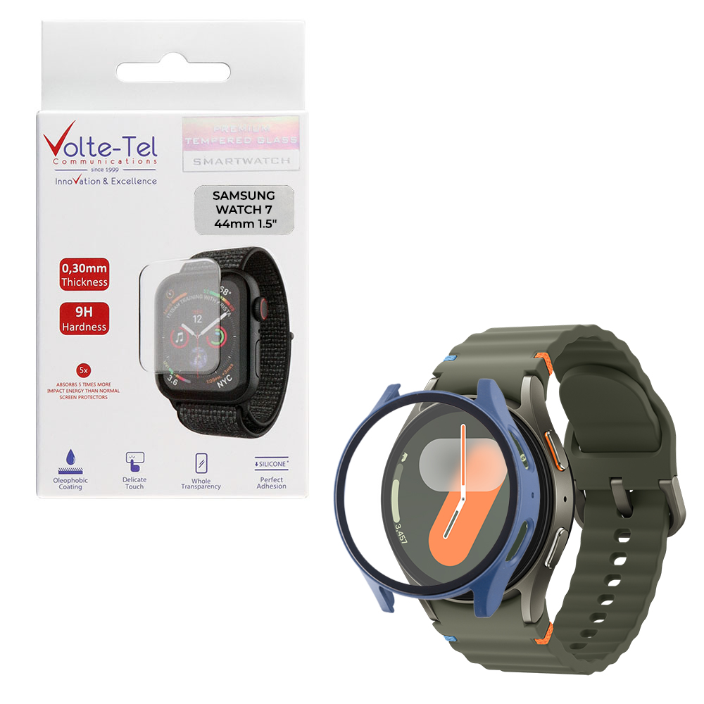 VOLTE-TEL TEMPERED GLASS SAMSUNG WATCH 7 44mm 1.5" 9H 0.30mm PC EDGE COVER WITH KEY 3D FULL GLUE FULL COVER MIDNIGHT BLUE