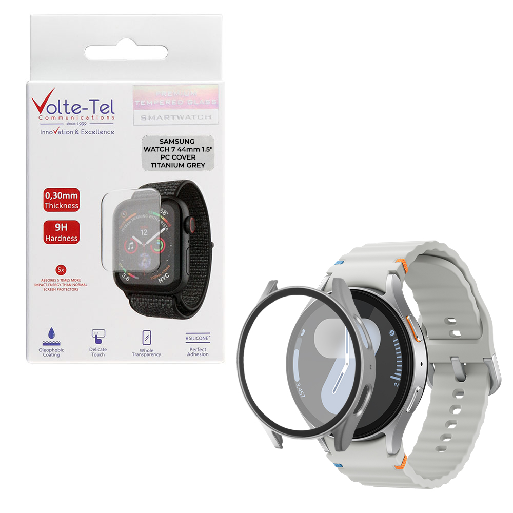 VOLTE-TEL TEMPERED GLASS SAMSUNG WATCH 7 44mm 1.5" 9H 0.30mm PC EDGE COVER WITH KEY 3D FULL GLUE FULL COVER TITANIUM GREY